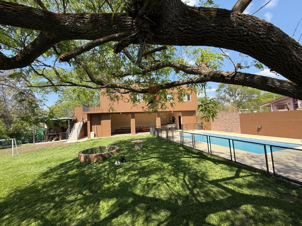 a building with a swimming pool and a tree at La catalina in San Antonio