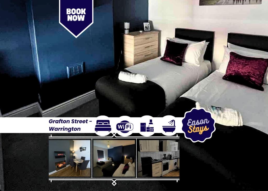 een flyer voor een hotelkamer met 2 bedden bij 2BR Apt By Eason Stays Short Lets Warrington in Warrington