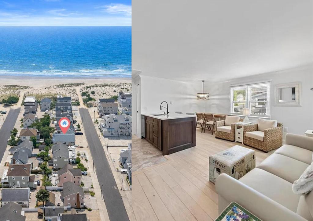 zwei Bilder eines Wohnzimmers mit Blick auf das Meer in der Unterkunft Newly Renovated LBI Home 4 Houses to the Beach in Long Beach