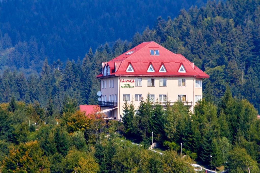 um grande edifício com um telhado vermelho sobre uma colina em Kamyanka em Mizhhirʼʼya