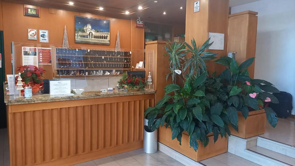 a restaurant with a counter with a potted plant at Hotel Cristallo in Udine
