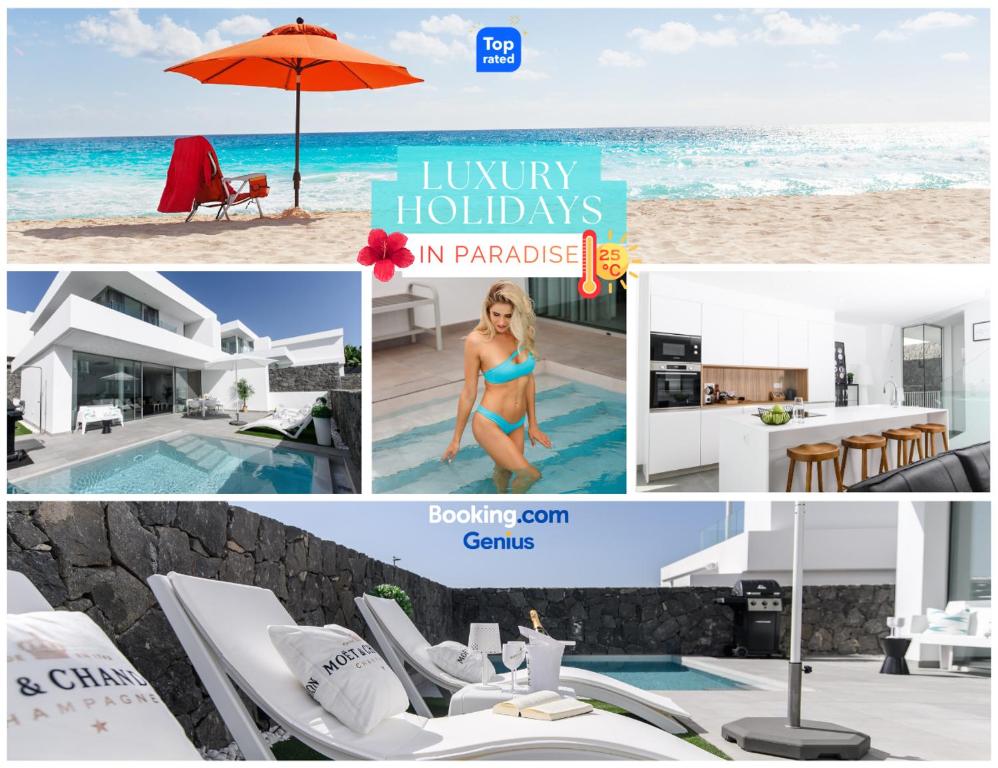 eine Collage aus Fotos einer Villa am Strand in der Unterkunft Villa Moada Ocean Breeze in Callao Salvaje