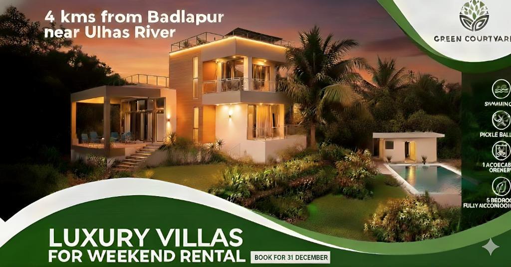 Ein Flyer für Luxusvillen zur Wochenendmiete in der Unterkunft Green Courtyard Luxury Villa in Badlapur
