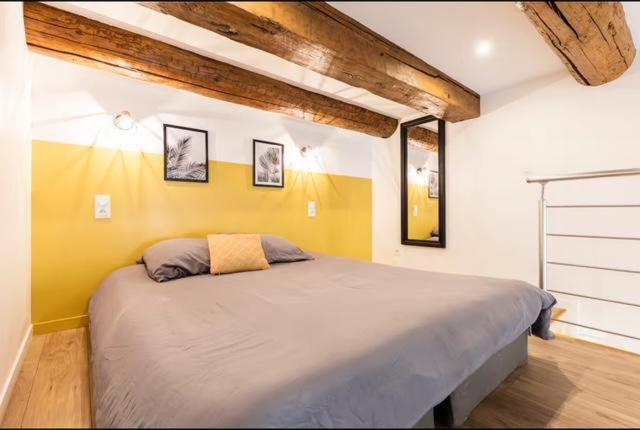a bedroom with a large bed with a yellow wall at Studio coquet proche de Lyon in Pont-de-Chéruy