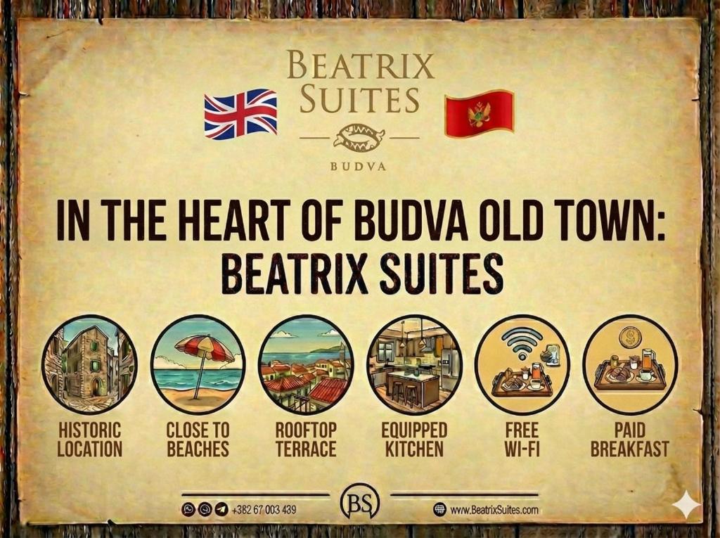 un cartello nel cuore della città vecchia della Bulgaria di Beatrix Suites a Budua
