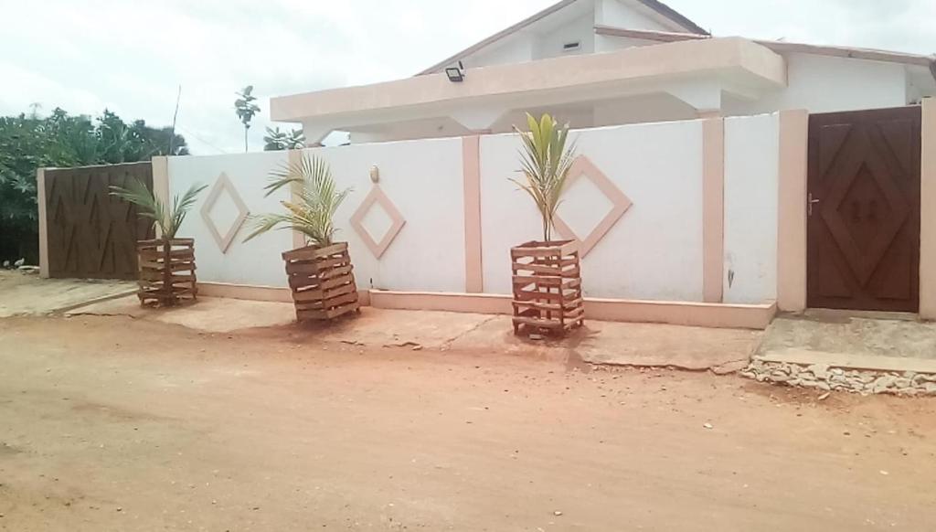 ein Zaun mit drei Pflanzen vor einem Haus in der Unterkunft Maison de vacances Calavi séminaire in Abomey-Calavi