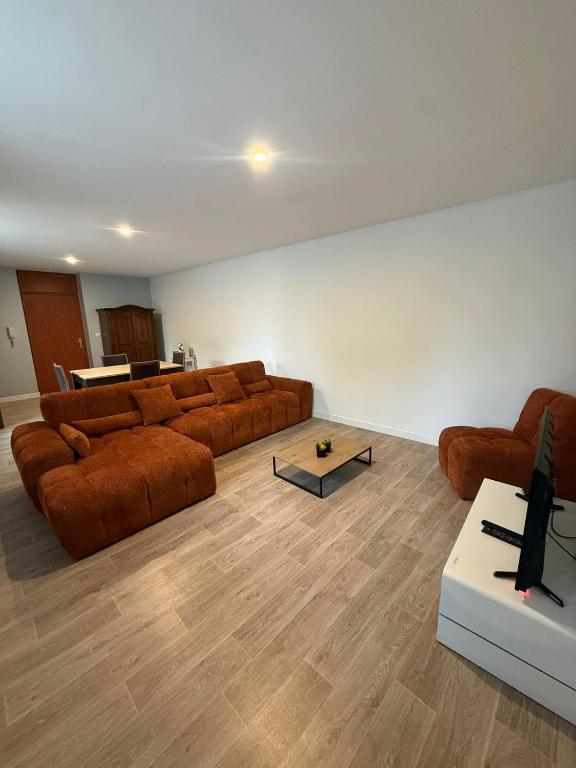 a living room with two brown couches and a table at Mâcon centre proximité gare in Mâcon