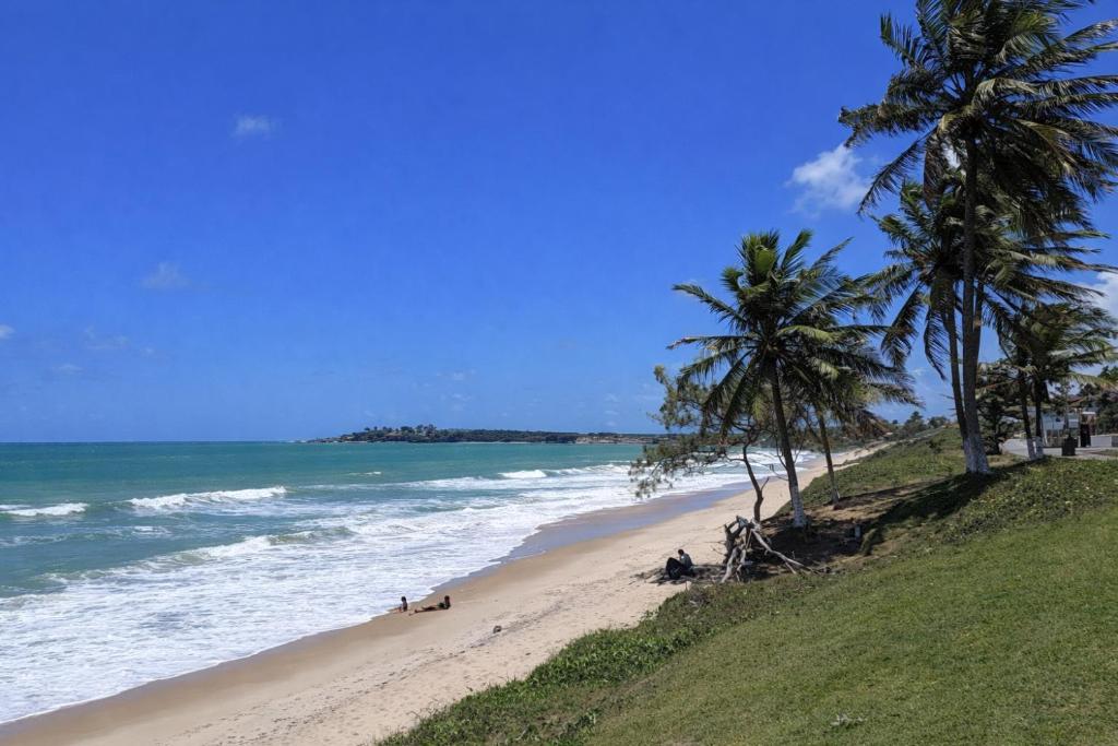 ein Strand mit zwei Palmen und dem Meer in der Unterkunft Refúgio com lazer completo em Pium RN in Parnamirim