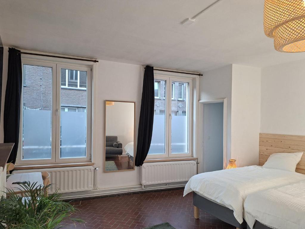 een slaapkamer met een bed en twee ramen bij Appartements Entiers - Centre de Tournai in Tournai