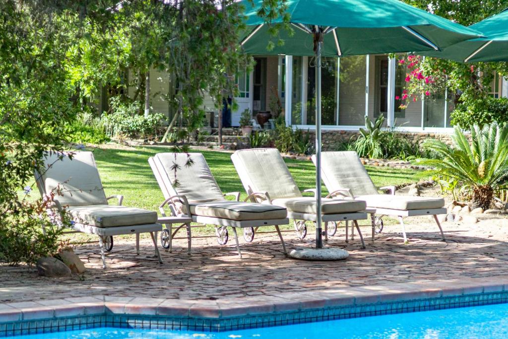 a group of lawn chairs and an umbrella next to a pool at Five Mountains Guest Farm & Spa in Wellington