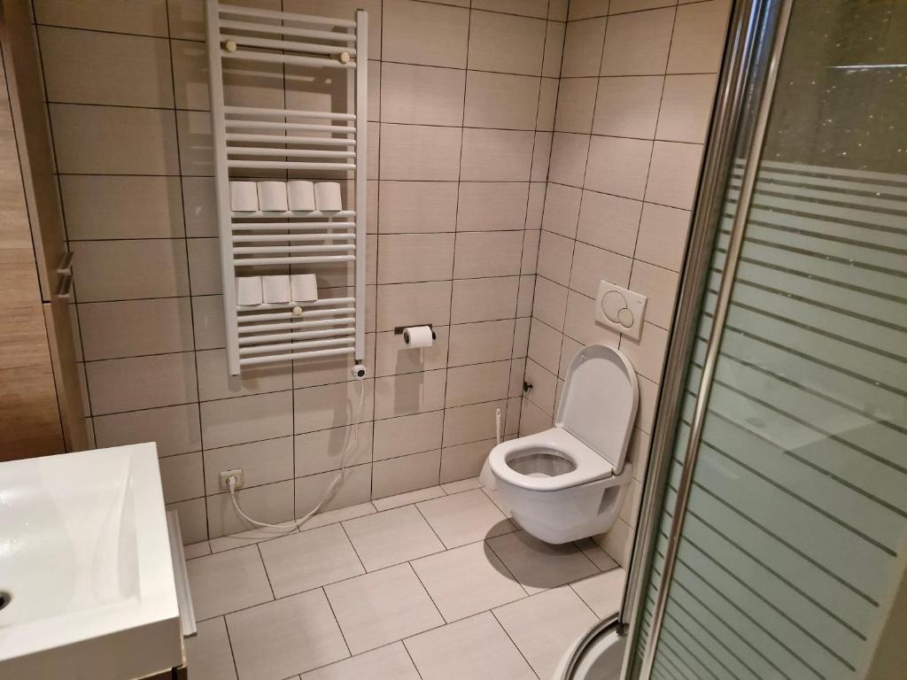 a bathroom with a toilet and a glass shower at Apart studio3 in Kortenberg