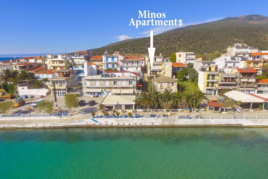 an aerial view of a town next to the water at Minos Apartments in Skala Marion