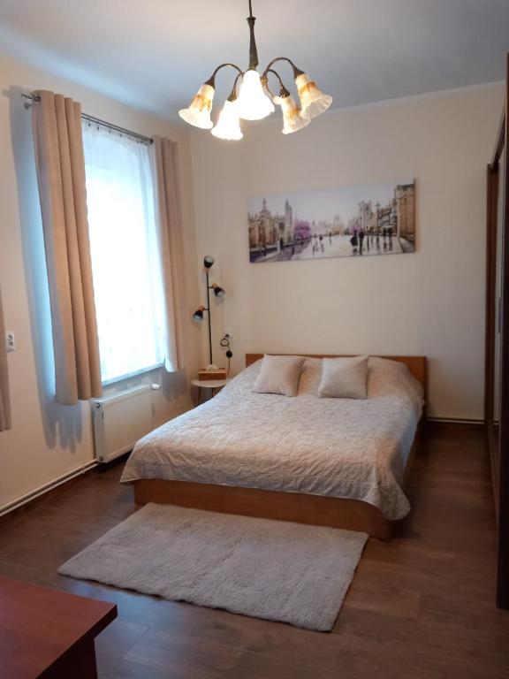 a bedroom with a bed and a large window at Studio Szczawienko 2 in Wałbrzych