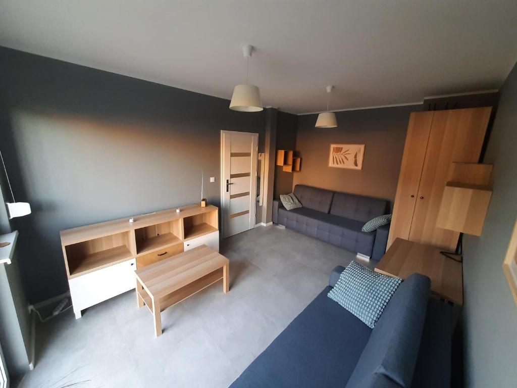 een woonkamer met een blauwe bank bij Czapury in Czapury