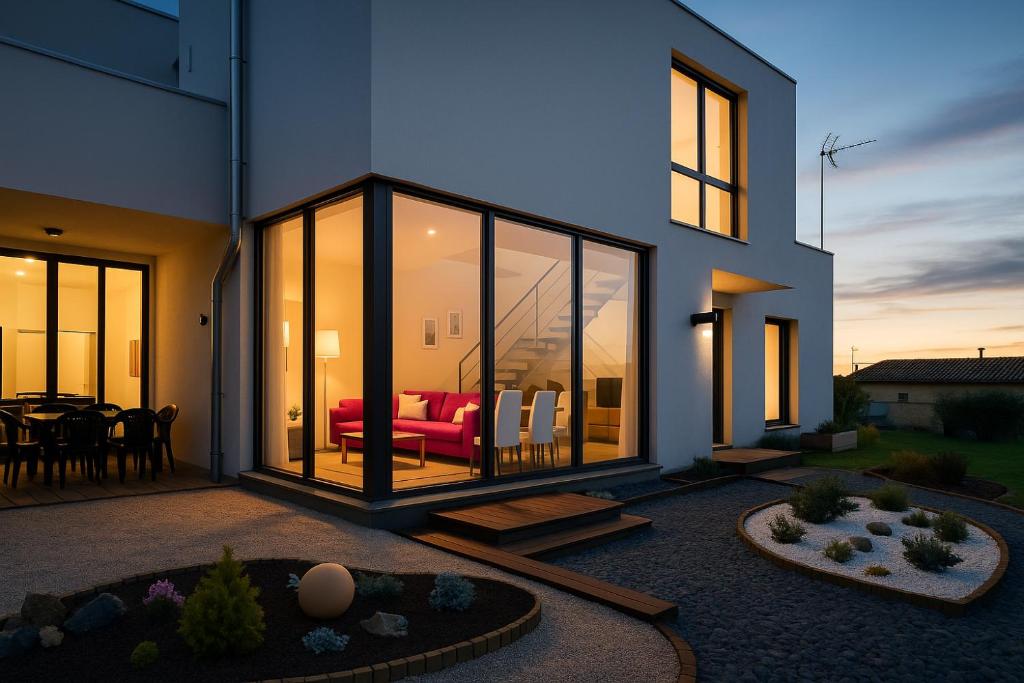 a house with large glass windows and a red couch at La Espiga in Cortos