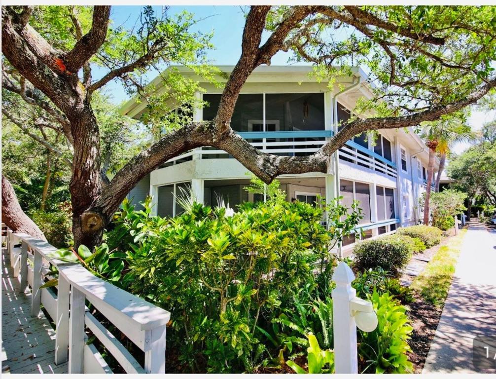 a house with a white fence and a tree at Blue Skies Seaside Veranda in New Smyrna Beach