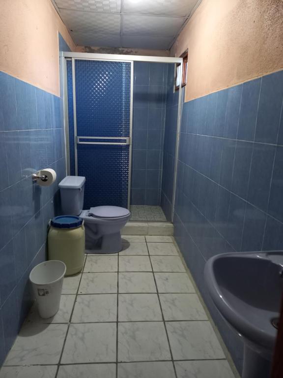 a blue bathroom with a toilet and a sink at Awesome Mountains Views in Nueva California