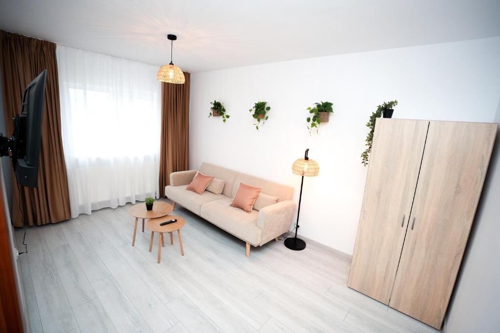 a living room with a couch and a table at Apartament la munte in Topliţa
