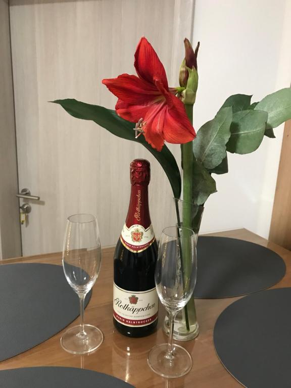 eine Flasche Wein mit einer Blume und zwei Gläsern in der Unterkunft Villa Cologne - Apartments & Monteursquartiere in Meckenheim bei Köln in Meckenheim