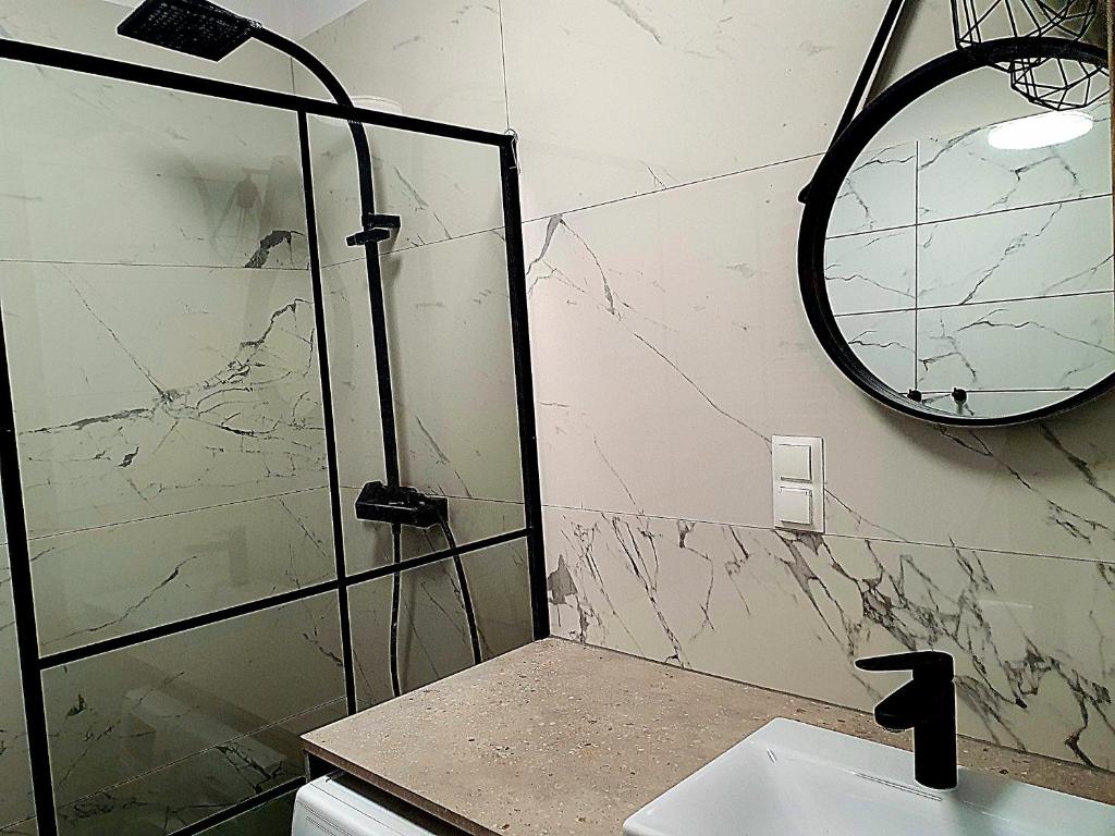 een badkamer met douche, wastafel en spiegel bij Apartment J&S nr 77, blisko Aquapark Reda, Trójmiasto in Rumia