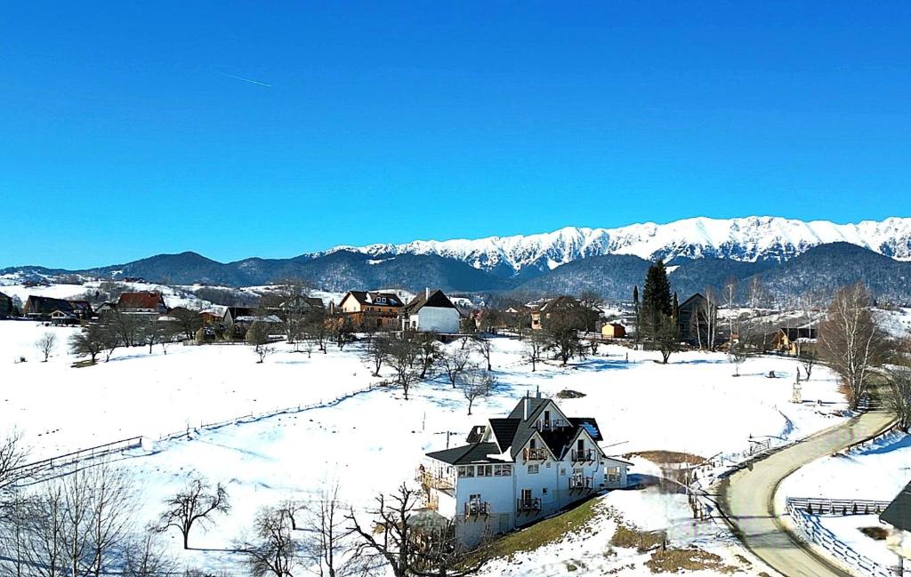 een stad in de sneeuw met bergen op de achtergrond bij Carpathia Magic -adults only in Peştera