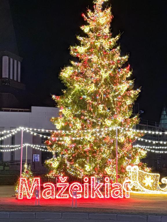 een kerstboom voor een verlicht bord bij LIUxSAU apartmentai in Mažeikiai