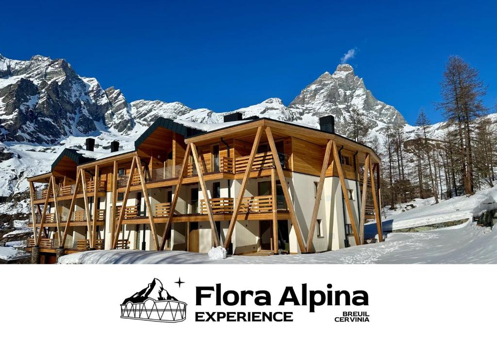 a log cabin in the snow with a mountain at FLORA ALPINA EXPERIENCE - "Ski-to-Door" Brand New Chalet Apartments with Indoor Garage and Mountain View in Breuil-Cervinia