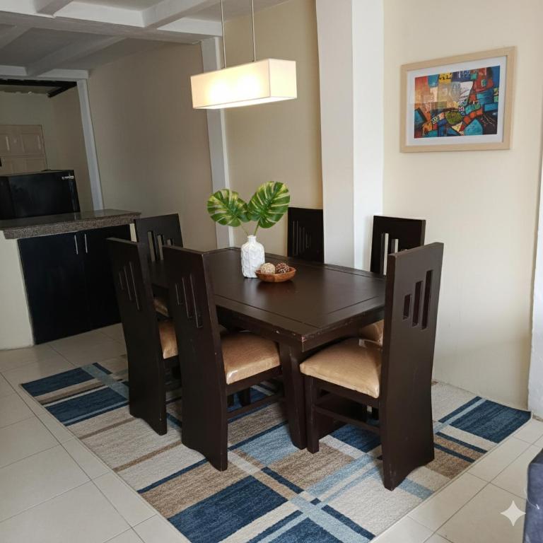 een eettafel met stoelen en een potplant bij El delfín in Santa Elena