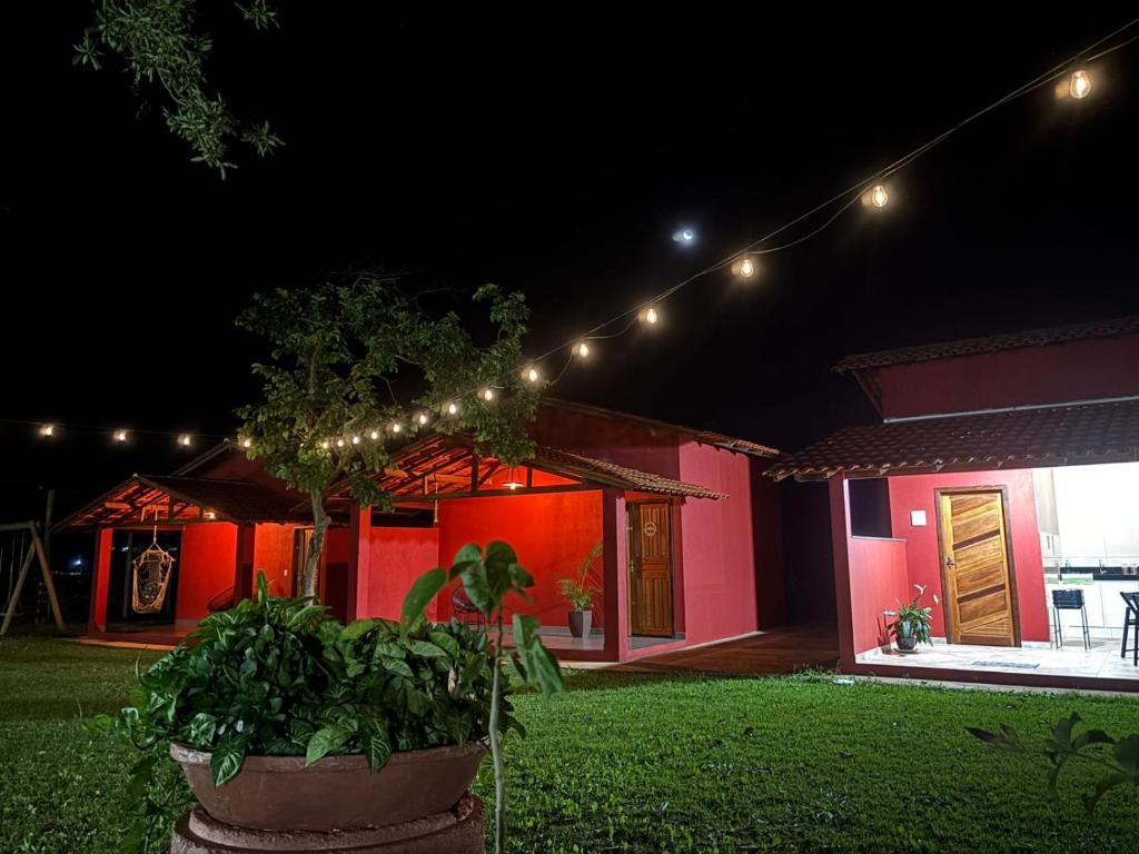 Ein Haus mit einer Pflanze in einem Garten mit Lichtern in der Unterkunft Tríade Chalé da Canastra 1 in São Roque de Minas