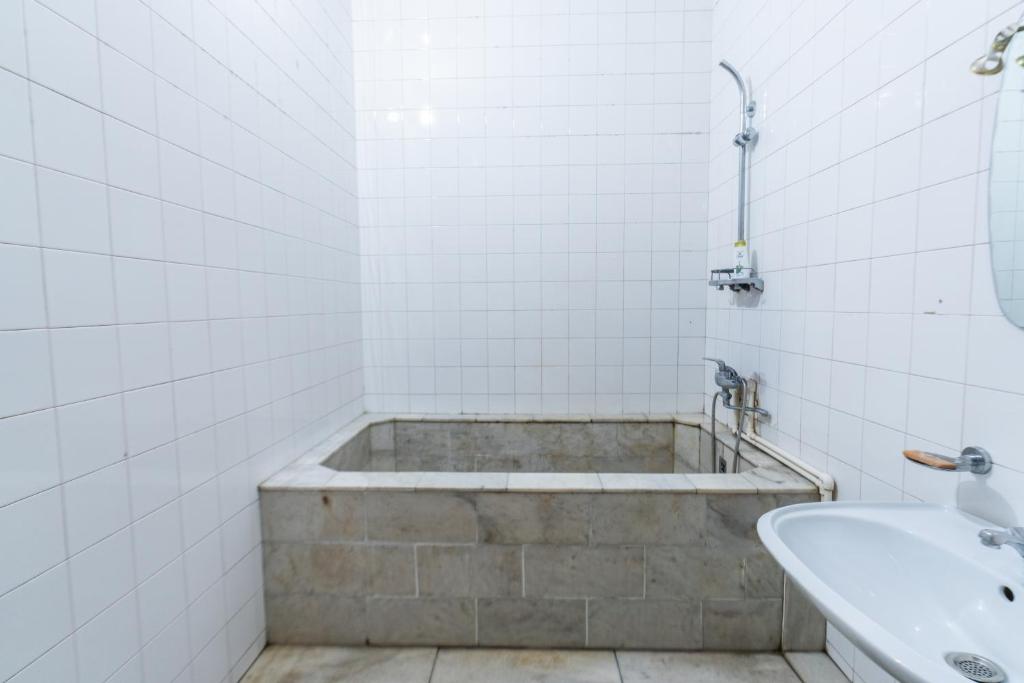 een badkamer met een ligbad en een wastafel bij European Backpackers Hostel and 大廚房 in Tbilisi City