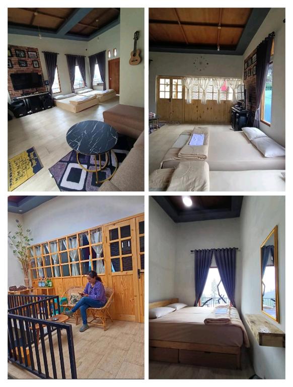 three pictures of a room with beds and a person sitting in a chair at Vany GLAMPING in Pasuruan