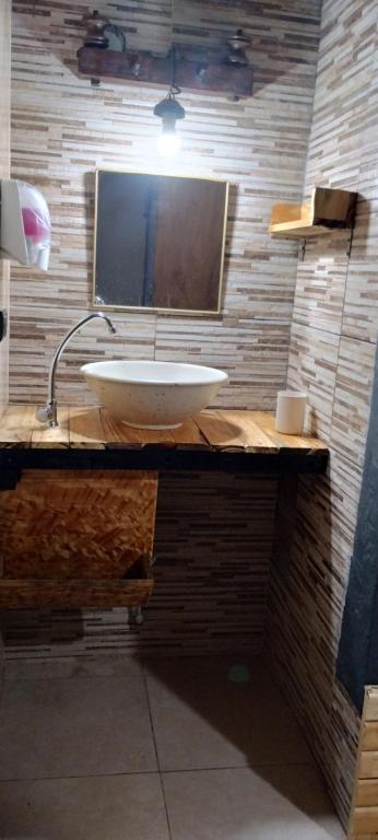 a bathroom with a white sink on a counter at Lumar in Santa Teresita