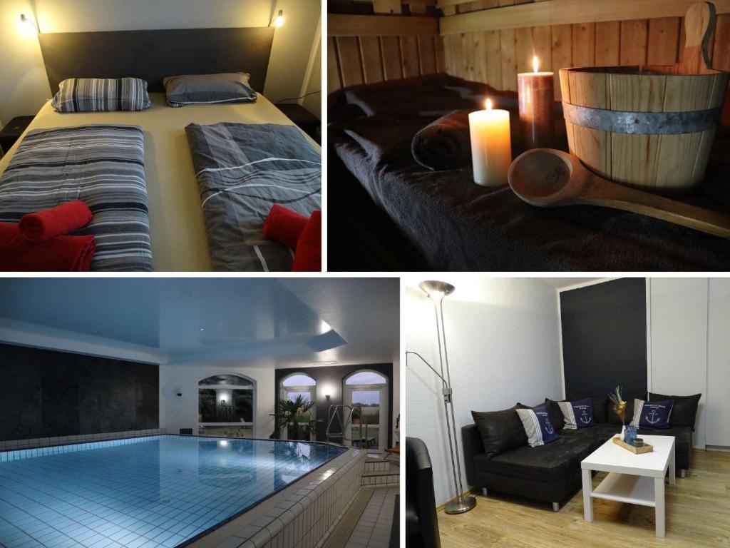 een hotelkamer met een bed en een zwembad bij Fewo-Seestern in Friedrichskoog