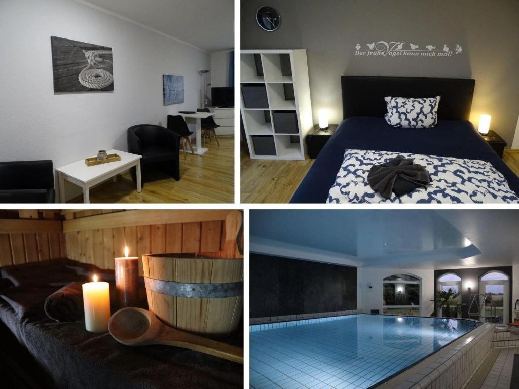 een collage van vier foto's van een slaapkamer en een zwembad bij Fewo-Seetank in Friedrichskoog