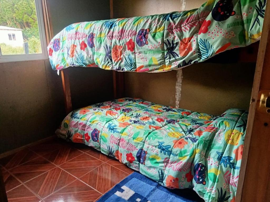 een slaapkamer met een bed en een stapelbed bij Cabañas Loley - a pasos del lago in Puerto Varas