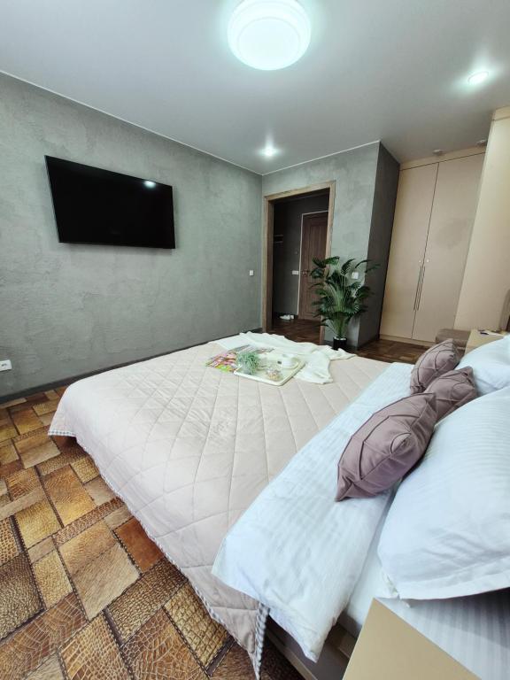 a bedroom with two beds and a flat screen tv at Отдых перед и до вылета самолёта in Astana