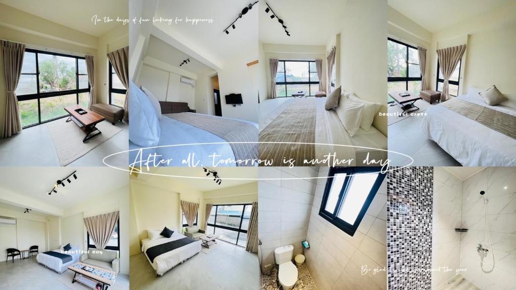 a collage of four pictures of a bedroom at 花一村の宿 Huayicun Homestay in Hengchun South Gate