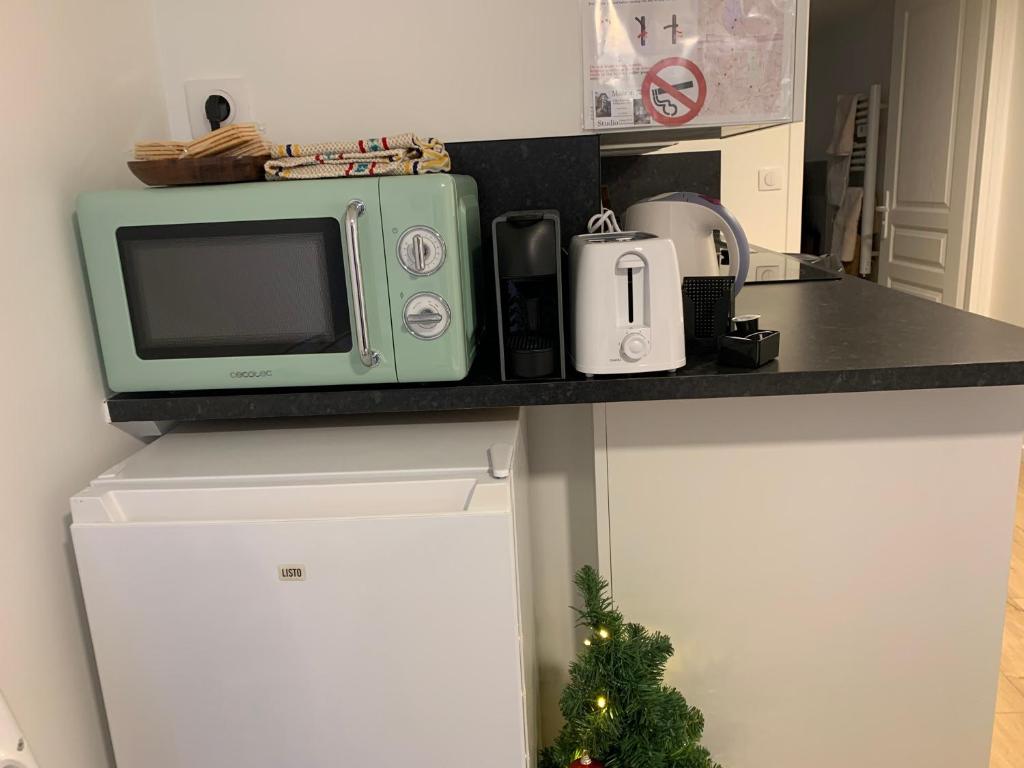 eine Mikrowelle auf einer Küchentheke in der Unterkunft Cosy New Studio 2 min RER B in Aulnay-sous-Bois