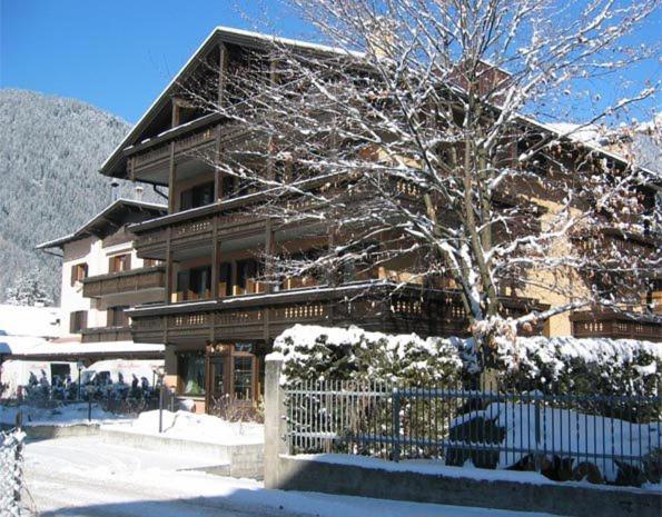 un bâtiment recouvert de neige avec un arbre devant lui dans l'établissement Hotel Binelli, à Pinzolo
