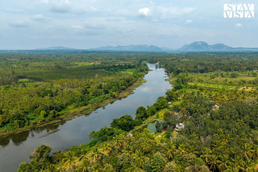 an aerial view of a river in the jungle at Jims Farmstay By the River in Halgūr