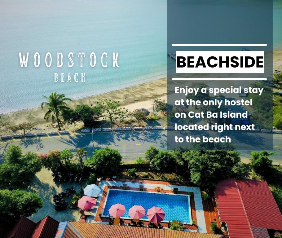 Een poster van een resort met een zwembad en een strand. bij Woodstock Beach Camp in Cat Ba