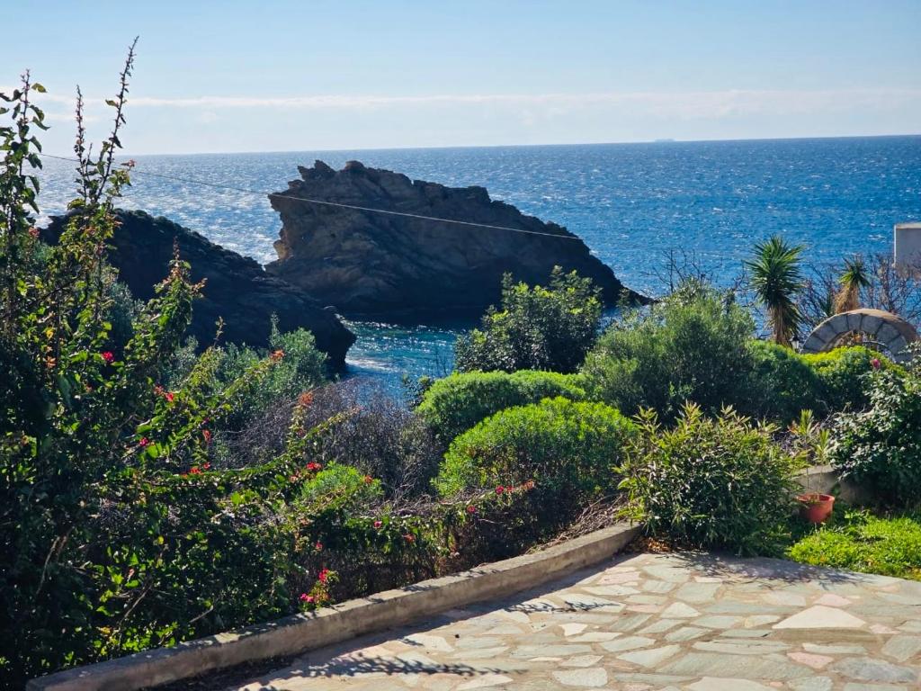 a garden with a view of the ocean at Mani Beach House in Vathia