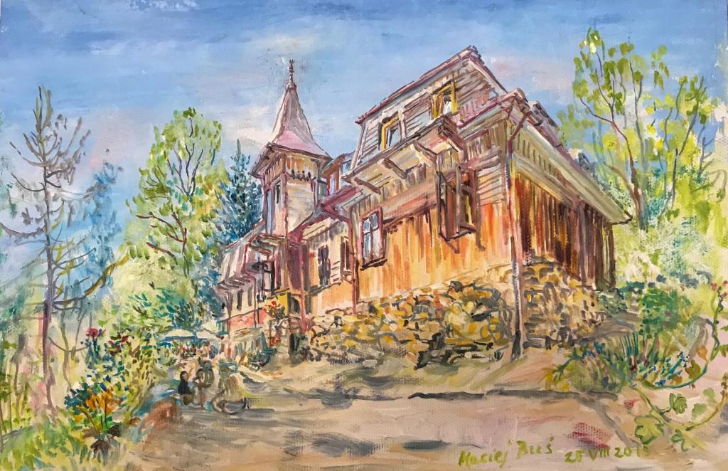 ein Gemälde eines alten Hauses mit Menschen davor in der Unterkunft Ayur Garden - Franciscus Van de Logt in Lanckorona