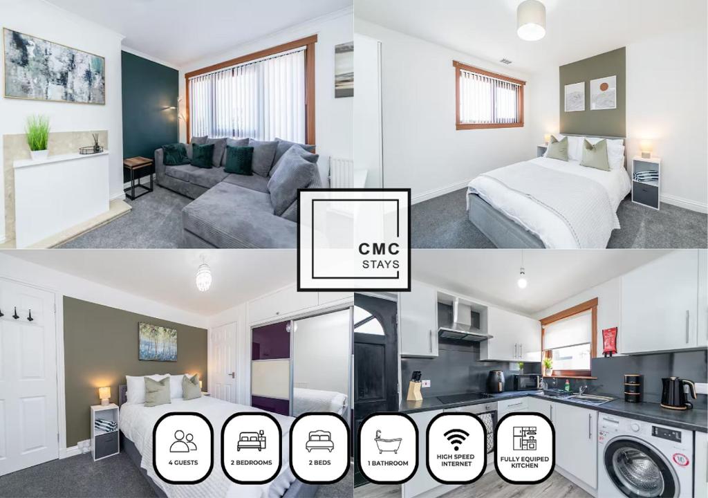 two pictures of a bedroom and a living room at Charming 2-Bedroom House in Boddam by CMC Stays in Boddam