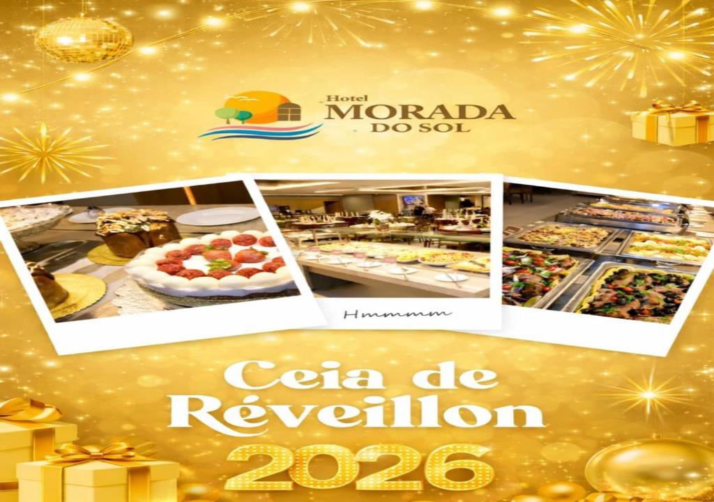 a collage of photos of a bakery with fireworks at Hotel Morada das Águas in Caldas Novas