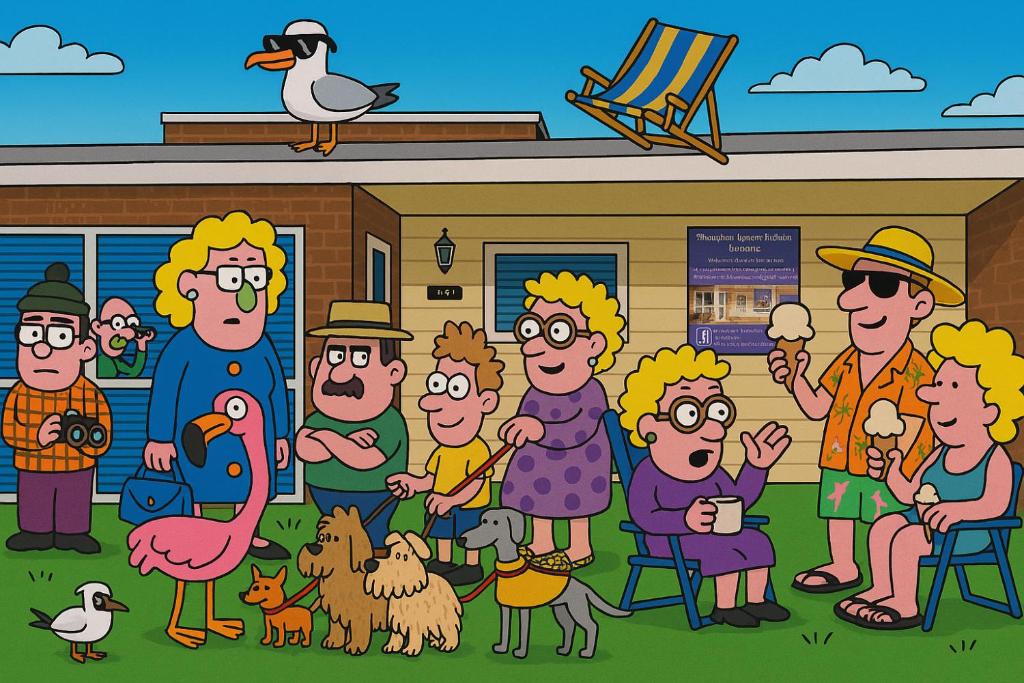 un cartone animato di una famiglia davanti a una casa di 198 Headwards Retreat a Hemsby