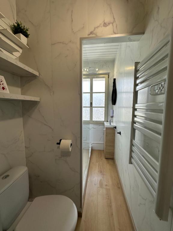 ein weißes Badezimmer mit Toilette und Waschbecken in der Unterkunft Spacieux studio rénové en centre ville - Apt7 in Givet