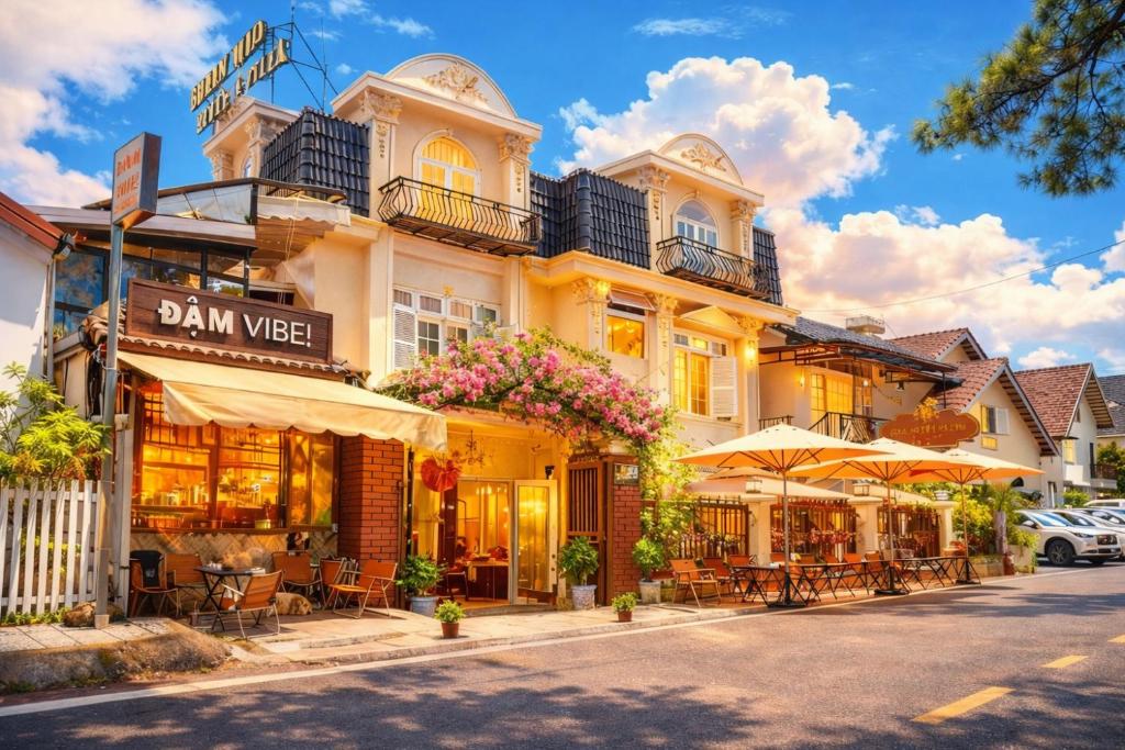 een gebouw met een bord waarop 'jam west' staat bij Green Meadow Central Đà Lạt - O'TEL in Da Lat