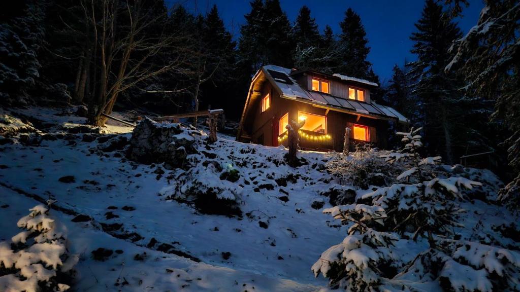 une cabine éclairée dans la neige la nuit dans l'établissement Cabin on Kobilica, à Tržič