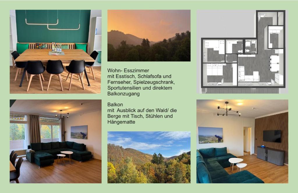 een collage van foto's van een woonkamer met meubilair bij Bergtraum Schwimmbad, Sauna, Familienbett, Kinderbett, 2 Bäder in Bad Harzburg